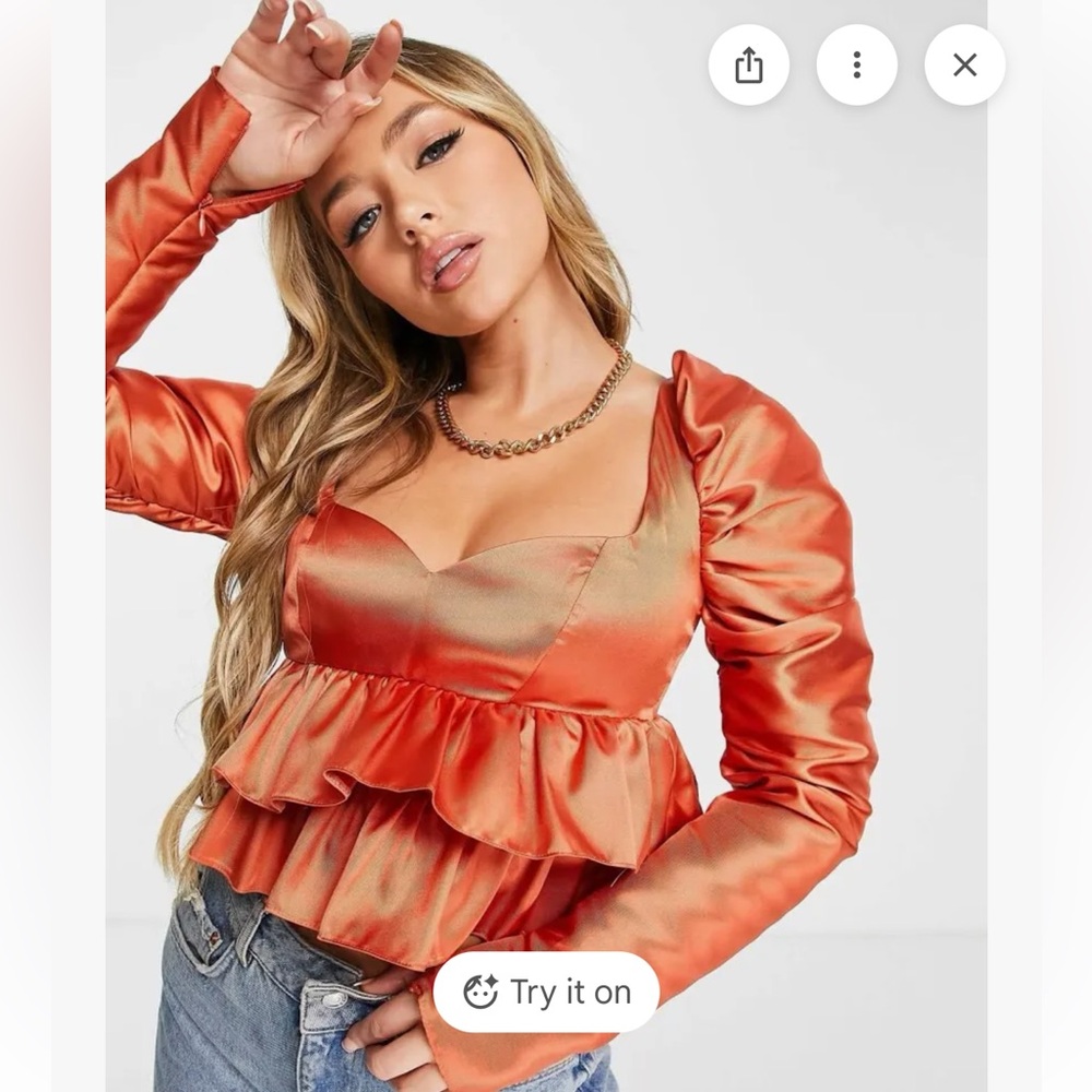 Asos Luxe Satin Babydoll Blouse Ruffle Blouson Sleeve Cinnamon Long Size 6 NWT - Picture 4 of 12